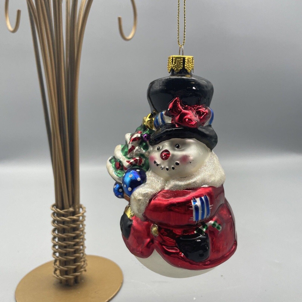 Lumiere - 10" x 5.5" Candy Cane Snowman w/Scarf Hand-Blown Glass Ornament